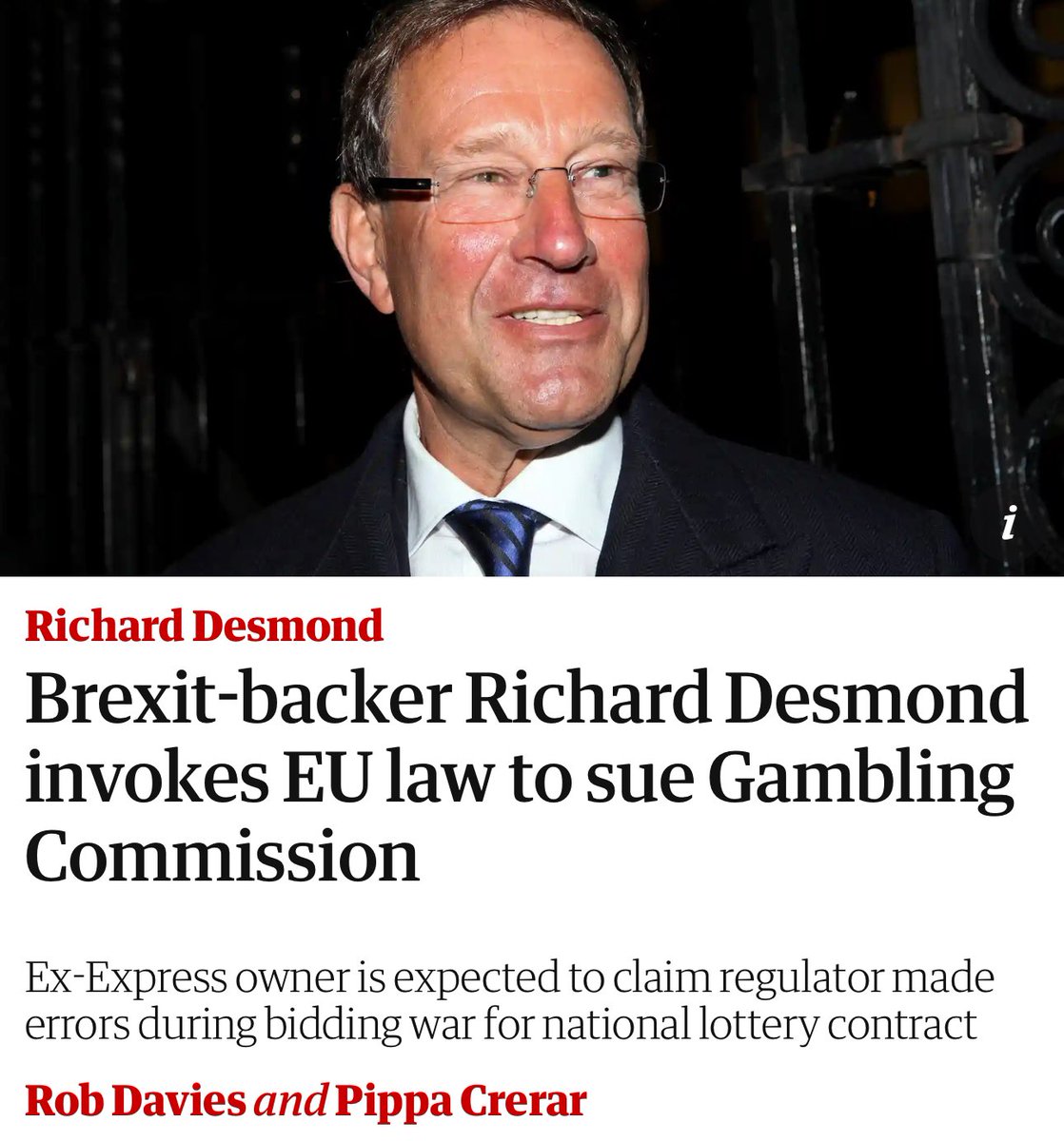 Peak #Brexit hypocrisy?

Brexit-backer Richard Desmond invokes EU law to sue Gambling Commission

Richard Desmond, Brexit-backing media tycoon, is invoking EU law to sue the gambling regulator after it rejected his “fanciful” bid to run the national lottery, in a suit that could
