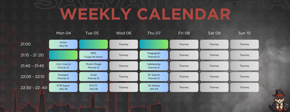 Salvatrucha ProClubs (@salvatrucha_11) on Twitter photo Voici notre calendrier des matchs officiels de la semaine en <a href="/VPGFrance_/">VPG France</a> et <a href="/VPGPremier/">VPG Esports Premier</a>
<a href="/OfficialVPG/">Virtual Pro Gaming</a> Voici notre calendrier des matchs officiels de la semaine en <a href="/VPGFrance_/">VPG France</a> et <a href="/VPGPremier/">VPG Esports Premier</a>
<a href="/OfficialVPG/">Virtual Pro Gaming</a>