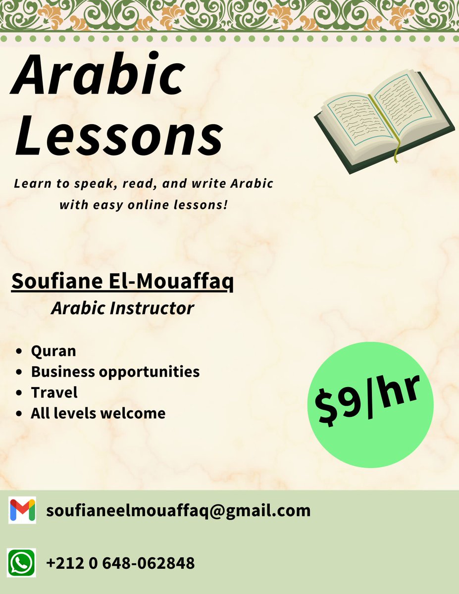 sofyan_arabic's tweet image. Message me for one on one lessons 
First lesson is free 🆓🆓🆓🆓

WhatsApp: +2120648062848

#learnarabic #arabictutor