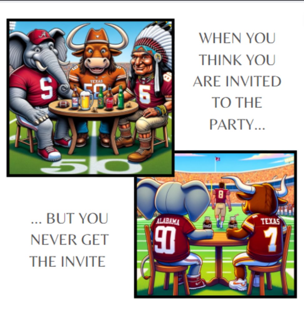 SitLookDrink's tweet photo. @barstoolsports 🏈SIT:   Waiting for the College Football Finalists

🏟️LOOK: #Alabama &amp; #Texas Watching #FloridaState Do the Walk of Regret

🍻DRINK:  A Toast to the Next Step

@CFBPlayoff @barstoolsports @sama

#collegefootball #CFB #playoff #CFBPlayoffs
#RollTide #HookeEmHorns 

📸#OpenAI https://t.co/7p34hwMshA