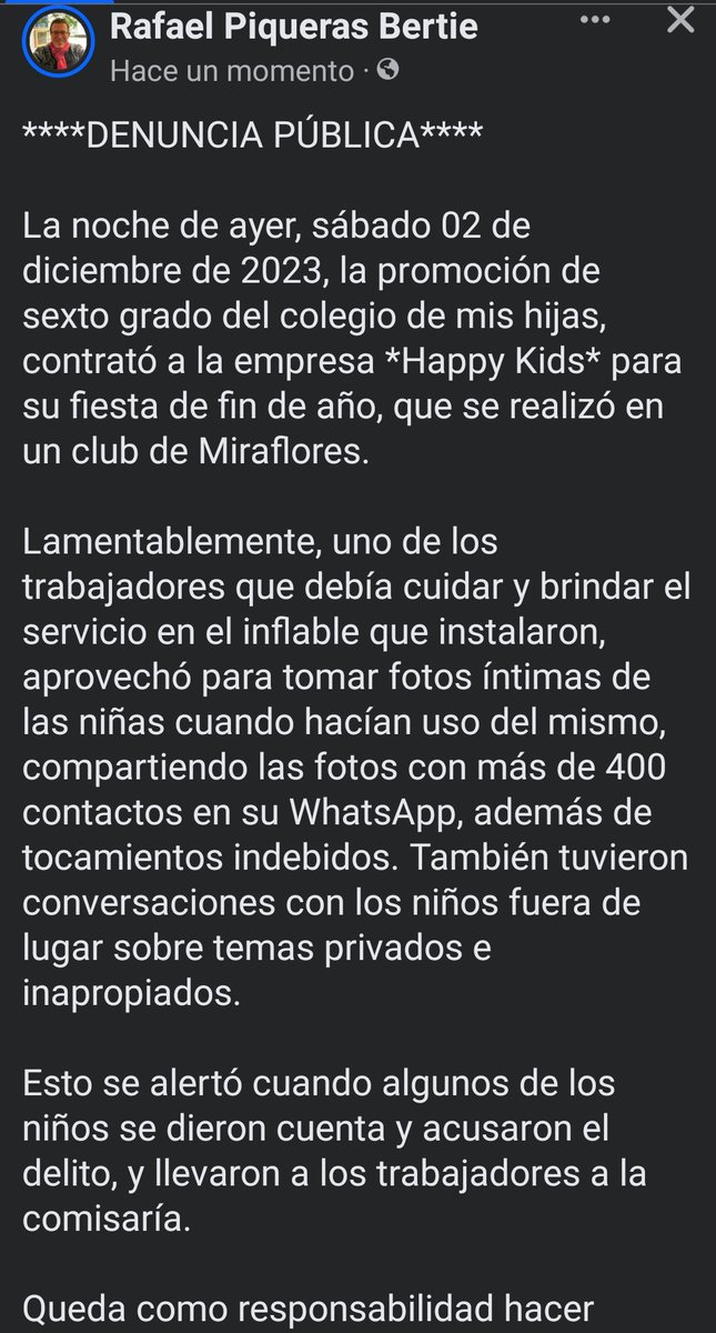 AhiVieneLaProfe's tweet photo. Mucho cuidado con sus hijitos‼️El Chef Rafael Piqueras Bertie hace esta denuncia pública en su cuenta de Facebook que ya también esta puesta en la comisaría. Tengan cuidado ahora que hay muchas fiestas de promoción y cumpleaños de niños , hay pedófilos en todos lados!! https://t.co/HNgLhzatb9