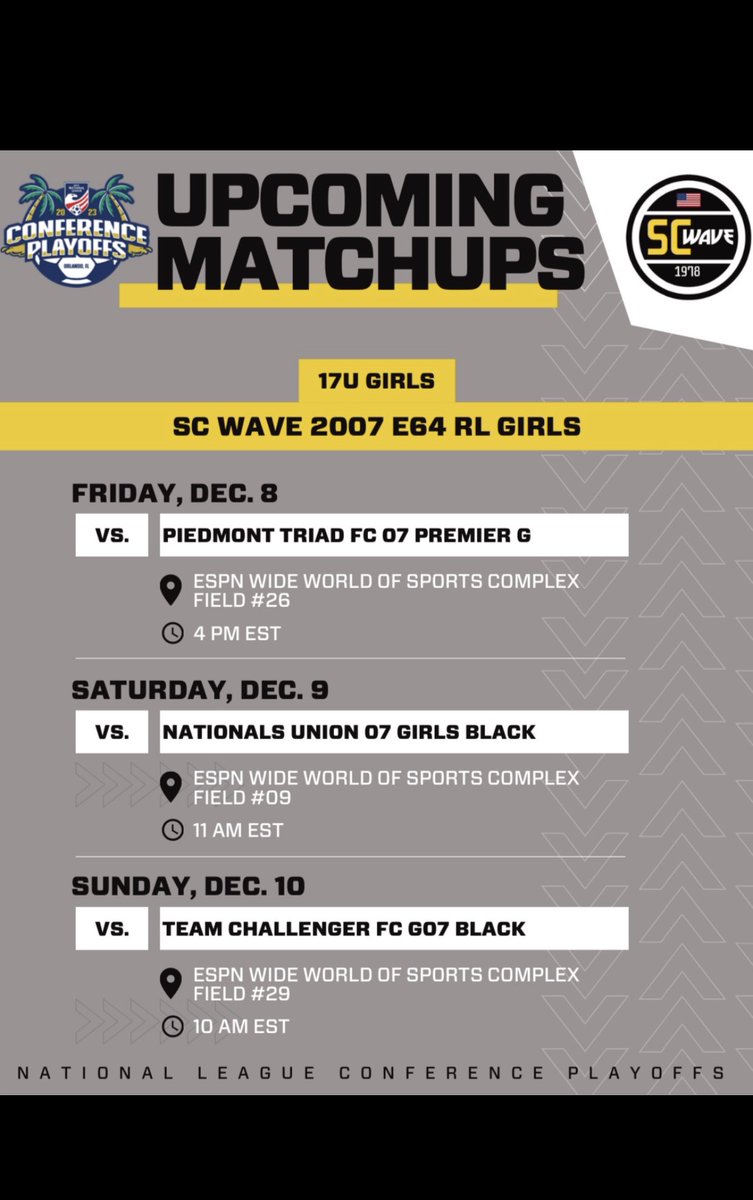 Looking forward to my teams NPL upcoming showcase in Orlando, Florida! You can find my times and location below. <a href="/SCWave07Girls/">SC Wave U19 Girls NAL</a> <a href="/SCWAVEROC/">SC WAVE</a> <a href="/coach_djc_mksc/">Daniel Carpenter</a> <a href="/IanBennett26/">Ian Bennett</a>  <a href="/NationalLeague/">National League</a> <a href="/PrepSoccer/">Prep Soccer ⚽️</a> <a href="/ImCollegeSoccer/">College Soccer Truth ™</a> <a href="/TopDrawerSoccer/">TopDrawerSoccer</a>