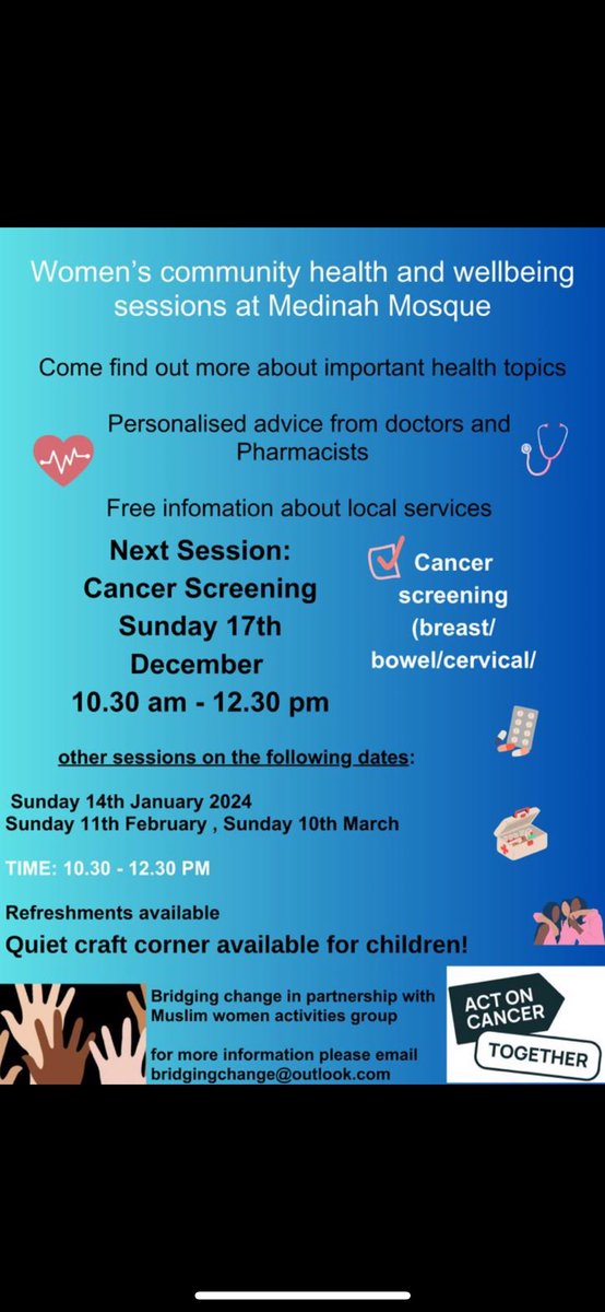 We’re working in partnership with Muslim Women’s Grp to run health & wellbeing sessions for any women. Next session is on cancer screening on Sunday, 17th December at 10:30am Medinah Mosque, 24 Bedford Pl, Brighton and Hove, Brighton BN1 2PT contact bridgingchange@outlook.com