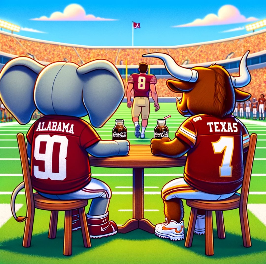 SitLookDrink's tweet photo. @BSonnone 🏈SIT:   Waiting for the College Football Finalists

🏟️LOOK: #Alabama &amp; #Texas Watching #FloridaState Do the Walk of Regret

🍻DRINK:  A Toast to the Next Step

@CFBPlayoff @barstoolsports @sama

#collegefootball #CFB #playoff #CFBPlayoffs
#RollTide #HookeEmHorns 

📸#OpenAI https://t.co/GCRg4LT6jj