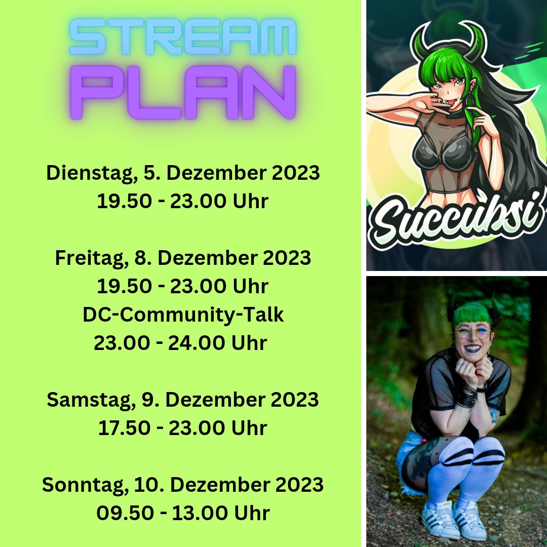 xSuccubsi's tweet photo. Der neue Streamplan ist da😁 Ich freu mich auf euern Besuch💚
#Succubsi #Twitch #TwitchStreamer #Cosplay #cosplayer #cosplayergirl #gamergirl #gaming #TwitchStreaming #TwitchGirl #Cosplaying #CosplayGamer #CosplayGamerGirl #GreenHair #Cute #Funny #Crazy https://t.co/gPdAd7dkOJ