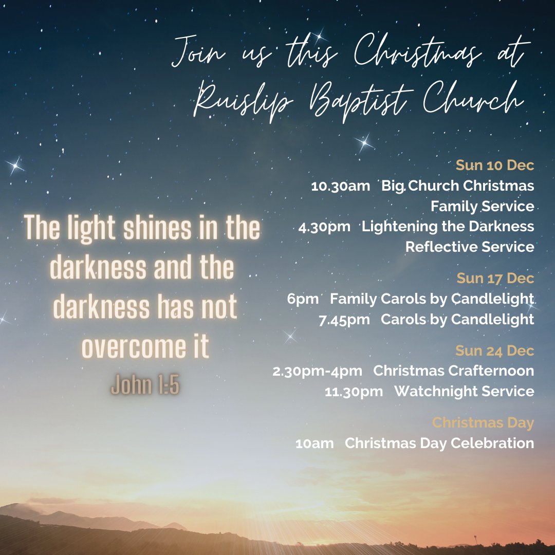 Join us for Christmas! We'd love to see you at one of our events or services! 

Find out more about what's happening at RBC by heading to ruislipbaptistchurch.org