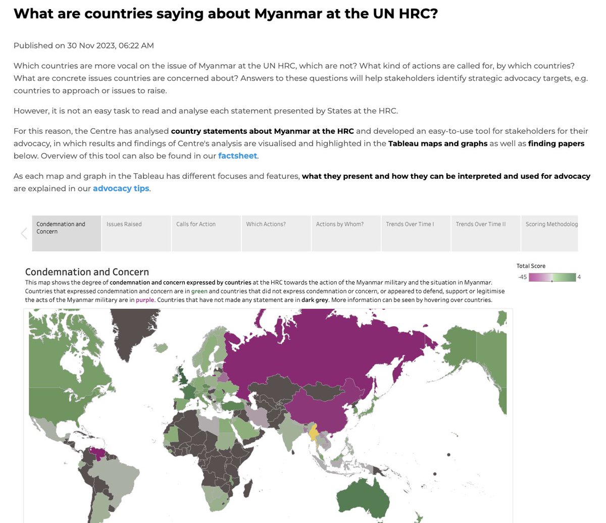 leighhmitchell's tweet image. 🧵1/6

The Centre for Civil &amp;amp; Political Rights (@CCPR) has compiled a helpful dashboard displaying which countries are more vocal on #Myanmar issues at the United Nations Human Rights Council (@UN_HRC), and which are not? Quick analysis below 👇

#WhatsHappeningInMyanmar #datavis