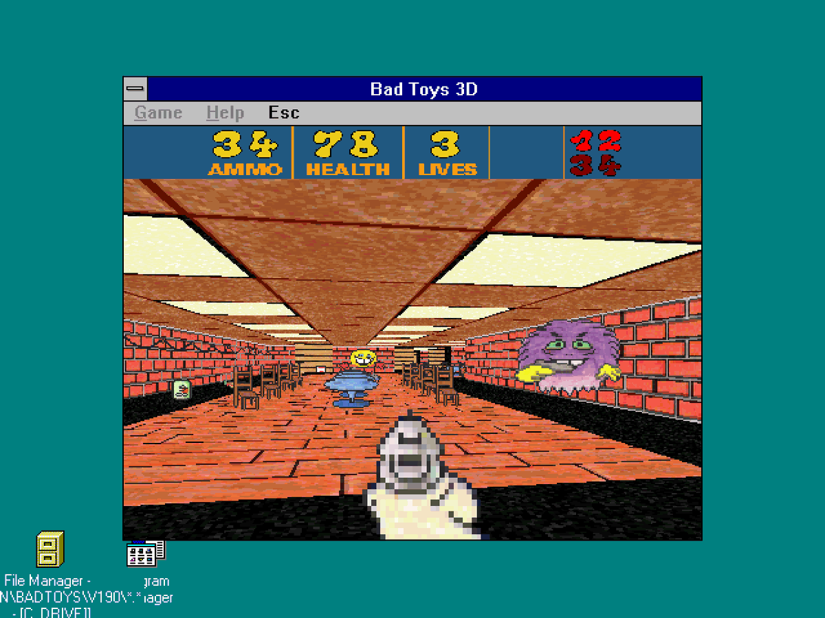 dosnostalgic's tweet photo. Bad Toys 3D (Windows 3.x, 1996) #NotDOS
Updated color version of Bad Toys. https://t.co/JahHBIdqJu