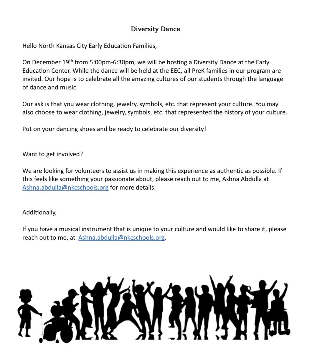 Inviting all Early Education (PreK) Families to our first ever Diversity Dance!  <a href="/NKCSchools/">NKC Schools</a> <a href="/MaplewoodElemen/">Maplewood Elementary</a> <a href="/NKCEarlyed/">NKC Schools Early Education</a> <a href="/GracemorNKC/">Gracemor Elementary Lions</a> <a href="/Oakwood_Manor/">Oakwood Manor</a> <a href="/RisingHillElem/">Rising Hill Elem</a> <a href="/LWNKCSD/">Linden West NKC</a> <a href="/ChouteauSchool/">Chouteau Elementary School</a> <a href="/WinnwoodRocks/">Winnwood Elementary School</a> <a href="/DavidsonComets/">Davidson Elementary</a>
