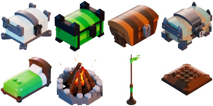 Alex98Its's tweet photo. Objetos importantes de #LEGOFortnite   , las hogueras te permitirán formar un campamento, en los cofres podrás guardar tus ítems y en la cama podrás descansar para pasar la noche y recuperar salud.

#Fortnite   #FortniteChapter5Season1 #FortniteCapitulo5 #FortniteChapter5 https://t.co/dkUOZf9VKE
