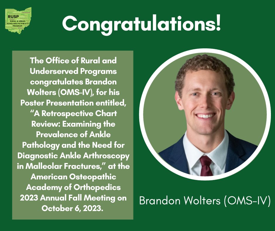 hcom_orup's tweet photo. The Office of Rural and Underserved Programs congratulates Brandon Wolters (OMS-IV), for his Poster Presentation entitled, “A Retrospective Chart Review: Examining the Prevalence of Ankle Pathology and the Need for Diagnostic Ankle Arthroscopy in Malleolar Fractures." https://t.co/85bNNCf3iX