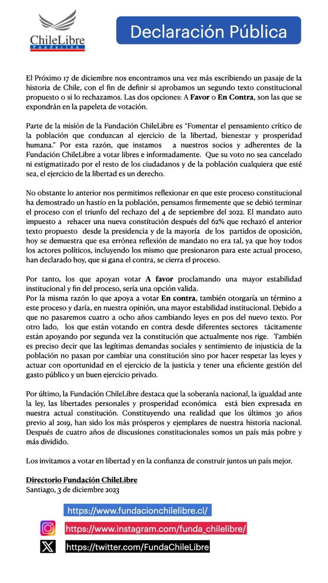 Declaración Pública de la Fundación ChileLibre respecto del plebiscito del 17 de diciembre. 

Cadem , Boric , Constitución ,  A Favor ; En contra , #100indecisos Kast  , Chile , libertad