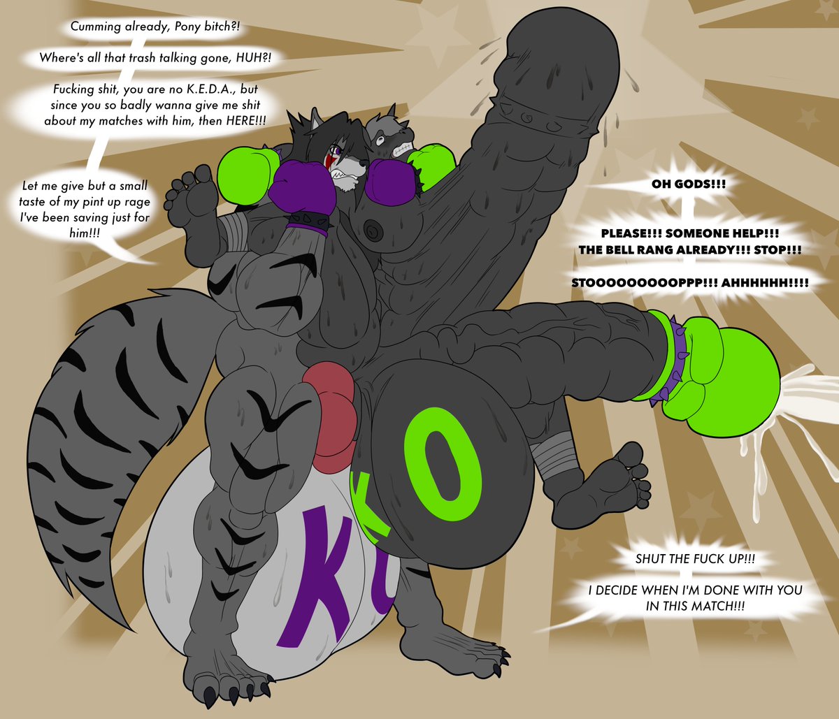 WolfgerLynel's tweet photo. "Hard to talk smack about my skills as a Cockboxer when you are having an "Organ Rearrangement Surgery" all around my huge cock, now is it Pony bitch?"

Commissioner @ @AdamDoge
Cockboxing theme @ @6060CoxBox 
Art @ me https://t.co/ru0J6AZCyp