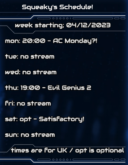 vortensis's tweet photo. Squeaky army, behold the #schedule!
Bit of an odd one with AC Monday?!
Optional Saturday stream... time TBD, but also... 

Depending how this week goes we could also hit 150 twitch followers and if we do I'll do a pre-2024 squeak-a-thon!

drop in if you can!

#vtuber #twtichtv #smallstreamer #froggo #vtuberen