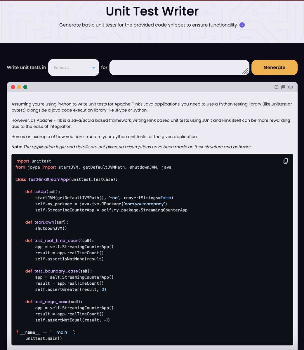 enterprisednaco's tweet image. Ensure your code's durability with our Unit Test Writer, crafting tests that keep your applications robust and bug-free! 🛡️ #DataMentor #UnitTesting #QualityCode