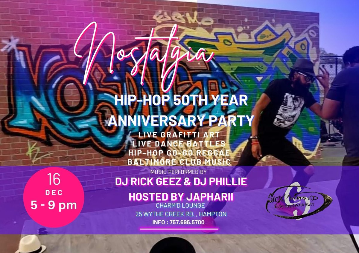 Sick Witted Ent (@sickwittedent) on Twitter photo #HipHop50 Party at <a href="/charmdlounge/">Charm'D Lounge</a> December 16th 5pm-9pm! Dance battles, LIVE graffiti art, REAL #HipHop and more! Come celebrate hip-hop with us! #Nostalgia #HipHop50 Party at <a href="/charmdlounge/">Charm'D Lounge</a> December 16th 5pm-9pm! Dance battles, LIVE graffiti art, REAL #HipHop and more! Come celebrate hip-hop with us! #Nostalgia