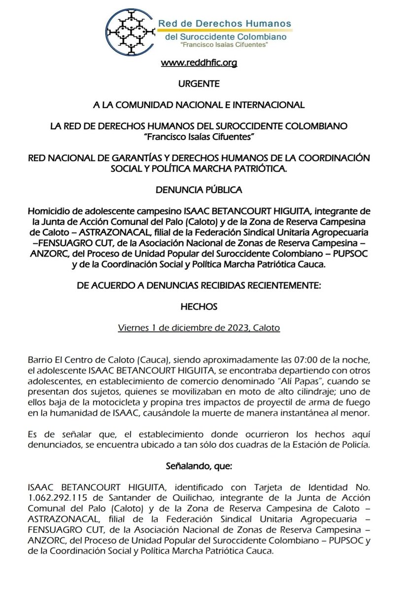 Reddhfic's tweet image. DENUNCIA PUBLICA, 01 DE DICIEMBRE DE 2023, #Caloto #Cauca

Homicidio de adolescente campesino ISAAC BETANCOURT HIGUITA, integrante de la Junta de Acción Comunal del Palo (Caloto) y de la Zona de Reserva Campesina de Caloto – ASTRAZONACAL,