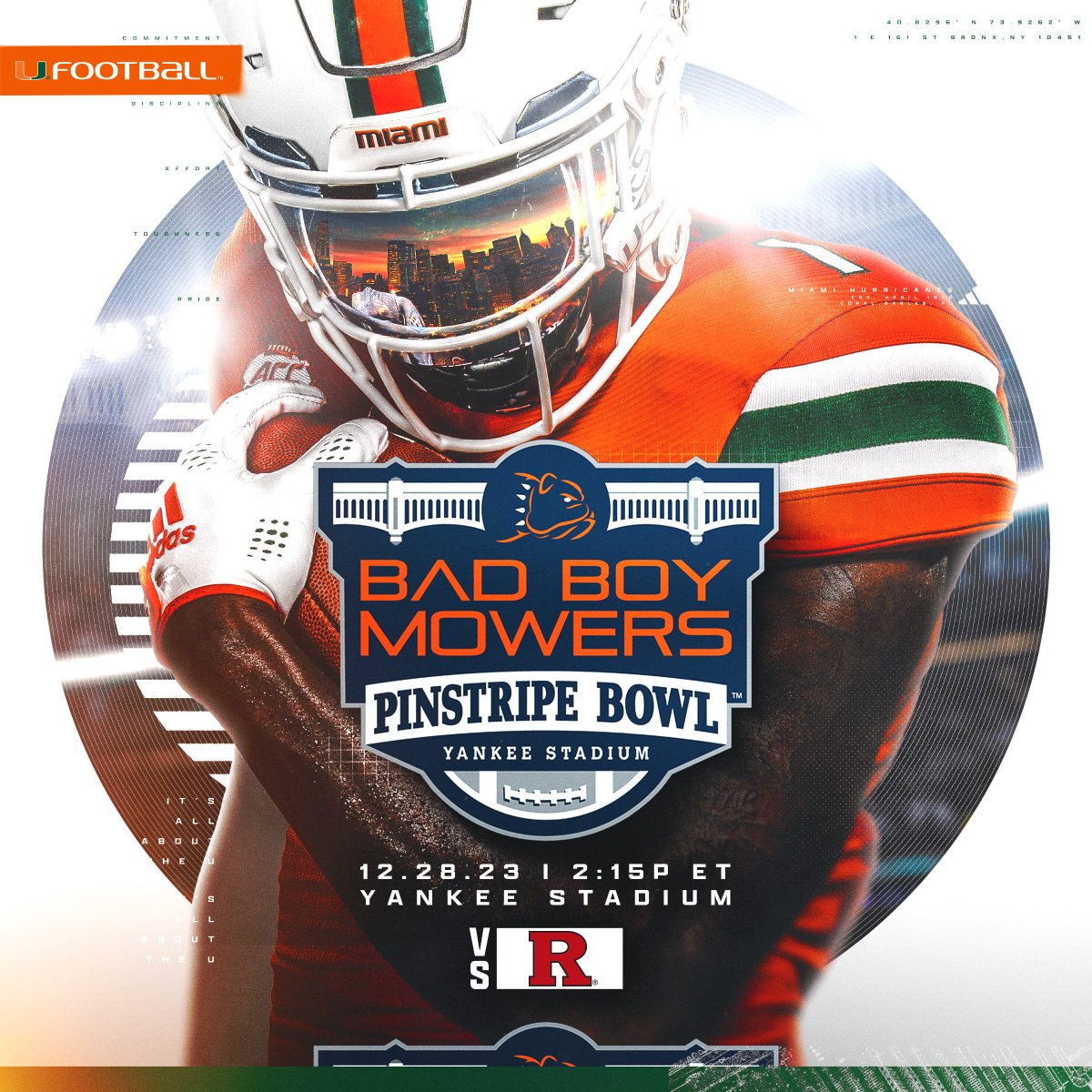 CanesFootball's tweet photo. Start spreading the news 🗣️

The Hurricanes will play Rutgers on December 28th in the Bad Boy Mowers Pinstripe Bowl 🙌

More: https://t.co/MTIN3G37Ze