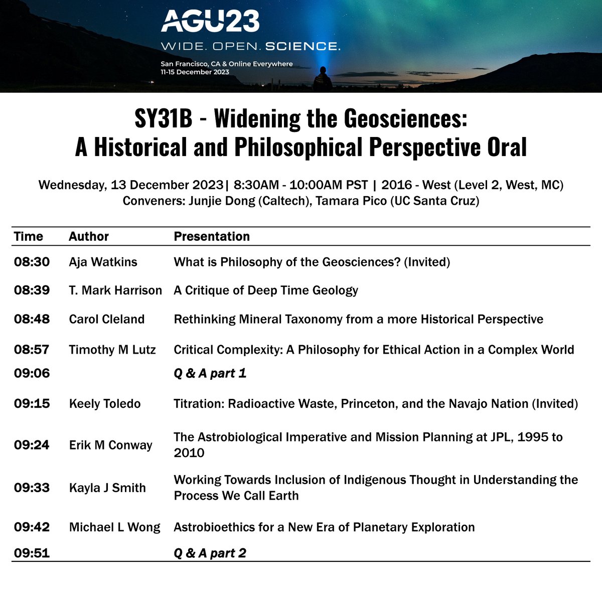 Excited to convene our SY session on the history & philosophy of geoscience again at #AGU23. Join us for talks from deep time geology to astrobiological ethics with a stellar lineup! 📅: Dec 13, 2023 ⏰: 8:30AM - 10:00AM PST 🌐: agu.confex.com/agu/fm23/meeti…