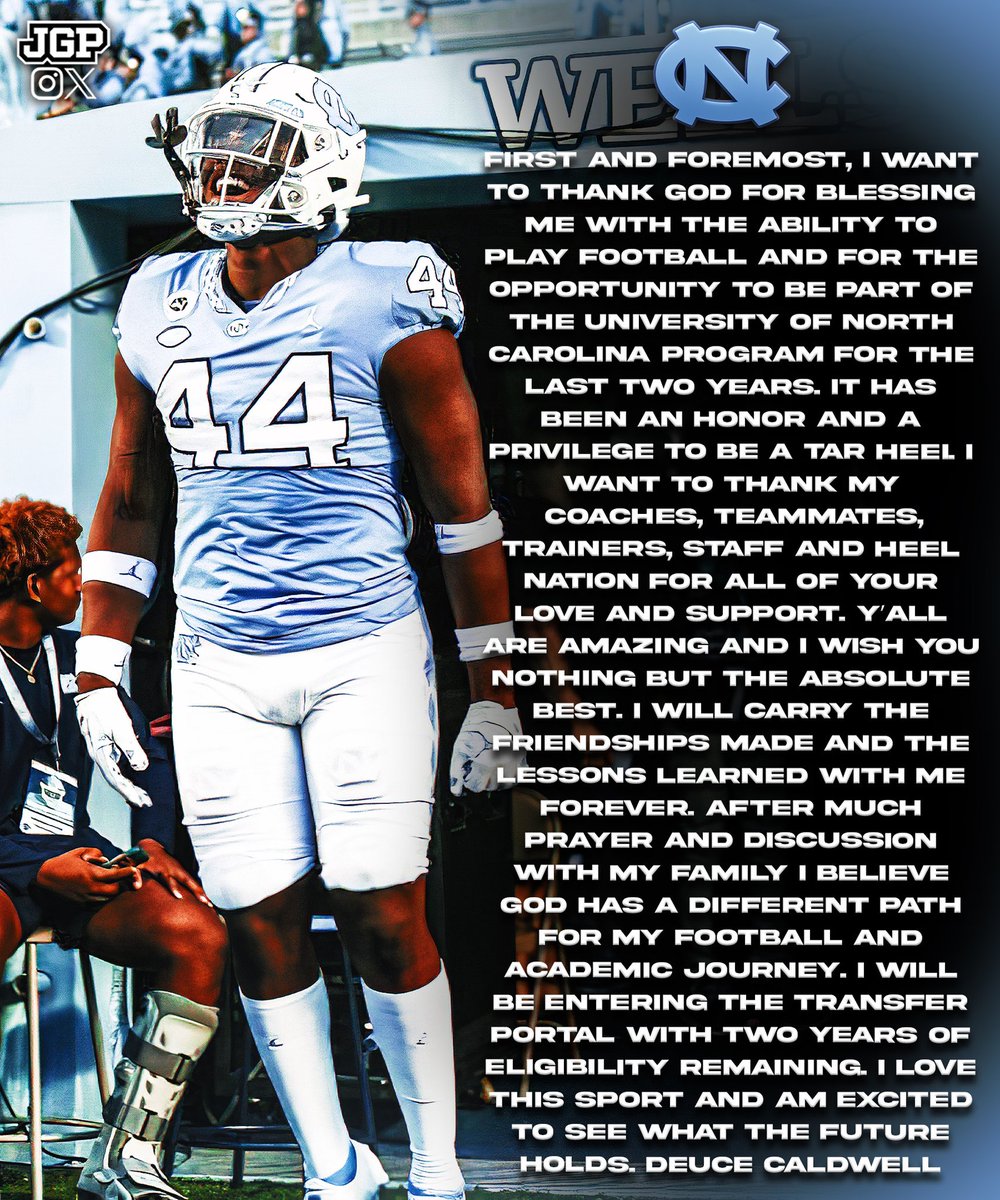 BREAKING: UNC Linebacker Randy ‘Deuce’ Caldwell tells me he plans to enter the Transfer Portal

The 6’0, 230 lb Linebacker from Mauldin, SC will have 2 years of eligibility remaining

Former 4-Star recruit in the C/O 2022