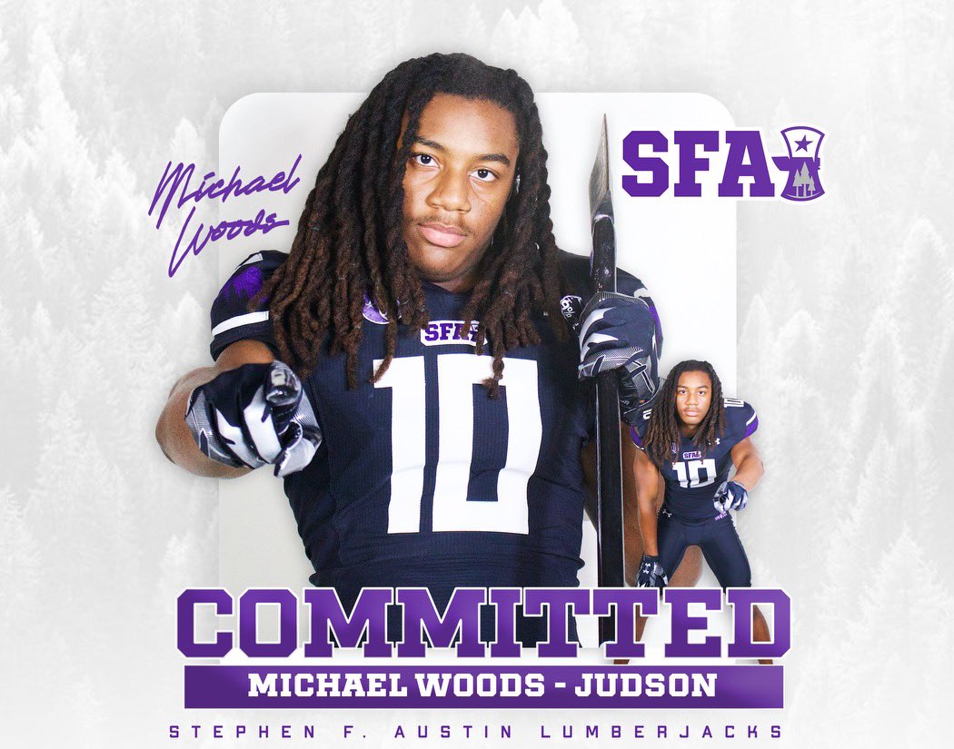 10MichaelWoods's tweet photo. Nowhere like Nacogdoches💜Coaches really have that vision and hunger that I need to be apart of!! Can’t see myself playing anywhere else, looking forward to starting in the spring!! @Coach_RogersSFA @CoachCarthel @SFA_Football @CoachMutz #AxeEm https://t.co/ASlkrH4lap