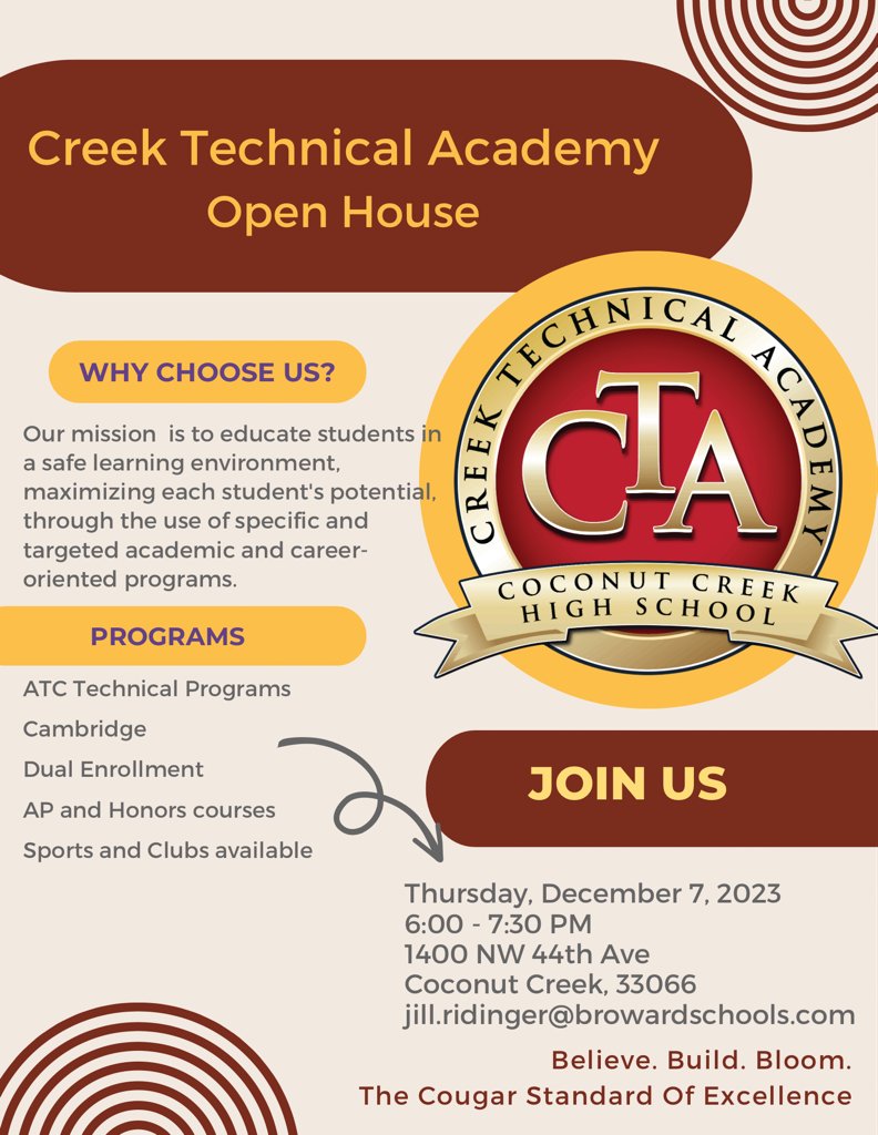 Check out <a href="/CreekMagnet/">Coconut Creek High</a> Open House this Thursday from 6-7:30 pm <a href="/DrNicoleNearor/">Dr. Nicole Nearor</a> <a href="/CoachRidinger/">Jill Ridinger</a> 
<a href="/BCPSNorthRegion/">BCPS North Region</a> 
<a href="/CoconutCreekFLA/">Coconut Creek Talk</a> <a href="/MargateTalk/">Margate Talk</a> 
<a href="/BrowardSTEM/">Broward STEM</a> <a href="/browardschools/">Broward Schools</a> 
#BelieveBuildBloom
