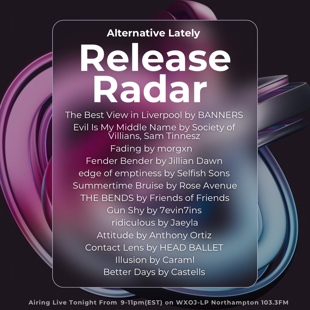 Alternative Lately 103.3FM (@alt_lately) on Twitter photo Tonight on Alternative Lately, we have some amazing releases to share by <a href="/BANNERSMUSIC/">BANNERS</a> <a href="/SamTinnesz/">Sam Tinnesz</a> <a href="/morgxn/">MORGXN 🦋🐛</a> <a href="/SelfishSons/">Selfish Sons</a> <a href="/7evin7ins/">7evin7ins</a> <a href="/anthonyortiz/">Anthony Ortiz</a> <a href="/castellsband/">C A S T E L L S</a> <a href="/headballetband/">HEAD BALLET</a> and many more!
Tune in from 9-11pmEST on WXOJ-LP 103.3FM, or stream at valleyfreeradio.org/listen Tonight on Alternative Lately, we have some amazing releases to share by <a href="/BANNERSMUSIC/">BANNERS</a> <a href="/SamTinnesz/">Sam Tinnesz</a> <a href="/morgxn/">MORGXN 🦋🐛</a> <a href="/SelfishSons/">Selfish Sons</a> <a href="/7evin7ins/">7evin7ins</a> <a href="/anthonyortiz/">Anthony Ortiz</a> <a href="/castellsband/">C A S T E L L S</a> <a href="/headballetband/">HEAD BALLET</a> and many more!
Tune in from 9-11pmEST on WXOJ-LP 103.3FM, or stream at valleyfreeradio.org/listen