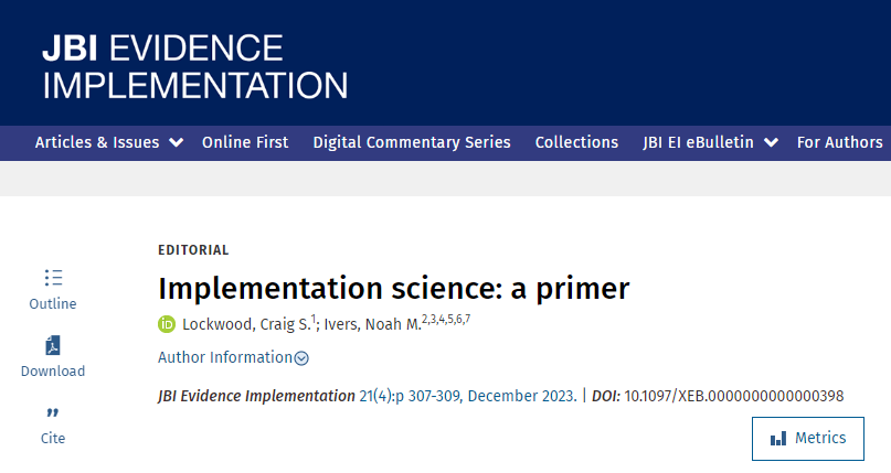 JBI EVIDENCE IMPLEMENTATION (@jbi_ei) on Twitter photo A thought-provoking new <a href="/JBI_EI/">JBI EVIDENCE IMPLEMENTATION</a> editorial on the evolving landscape of #implementation science. This primer provides a comprehensive overview, considering the complexities and opportunities within the science and approach to #EBHC
tinyurl.com/ye25ey45
@NoahIvers <a href="/CraigSL01/">Craig Lockwood, RN, MACN</a> A thought-provoking new <a href="/JBI_EI/">JBI EVIDENCE IMPLEMENTATION</a> editorial on the evolving landscape of #implementation science. This primer provides a comprehensive overview, considering the complexities and opportunities within the science and approach to #EBHC
tinyurl.com/ye25ey45
@NoahIvers <a href="/CraigSL01/">Craig Lockwood, RN, MACN</a>