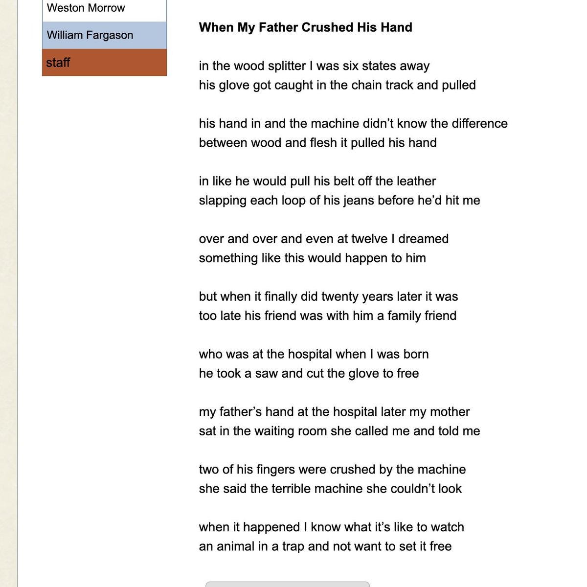 I’ve got a new poem, “When My Father Crushed His Hand,” in the new issue of <a href="/SuperstitionRev/">Superstition Review</a>! A big thanks to the editors for including me! ❤️