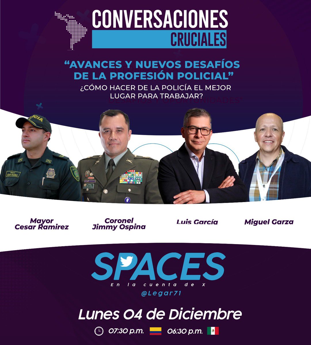 Legar71's tweet photo. #ConversacionesCruciales

 “Avances y nuevos desafíos de la profesión policial”

¿Cómo hacer de la policía el mejor lugar para trabajar?

@mgarzaf @jimmyospina @EstandaresPonal https://t.co/AQunHiPtDq