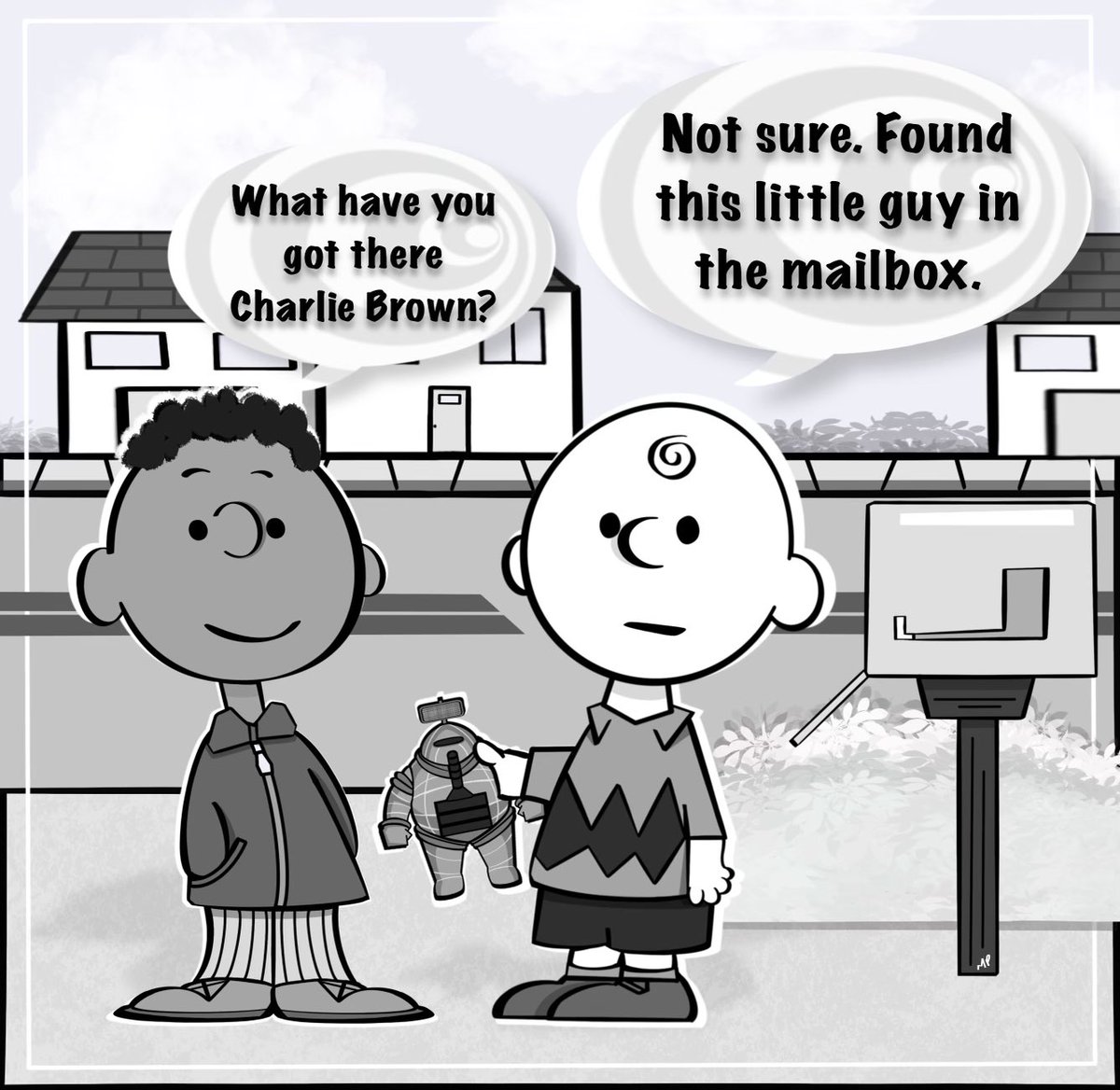 _zone237's tweet photo. โMailbox Invasionโ ๐ธ๐ฌ Finished this single panel for my Peanut Zone series which Iโll be doing a lot more of.
#artwork #thetwilightzone #peanuts #charliebrown #digitalart #procreate #comic #singlepanel #theinvaders https://t.co/Ni2wGpYpAL