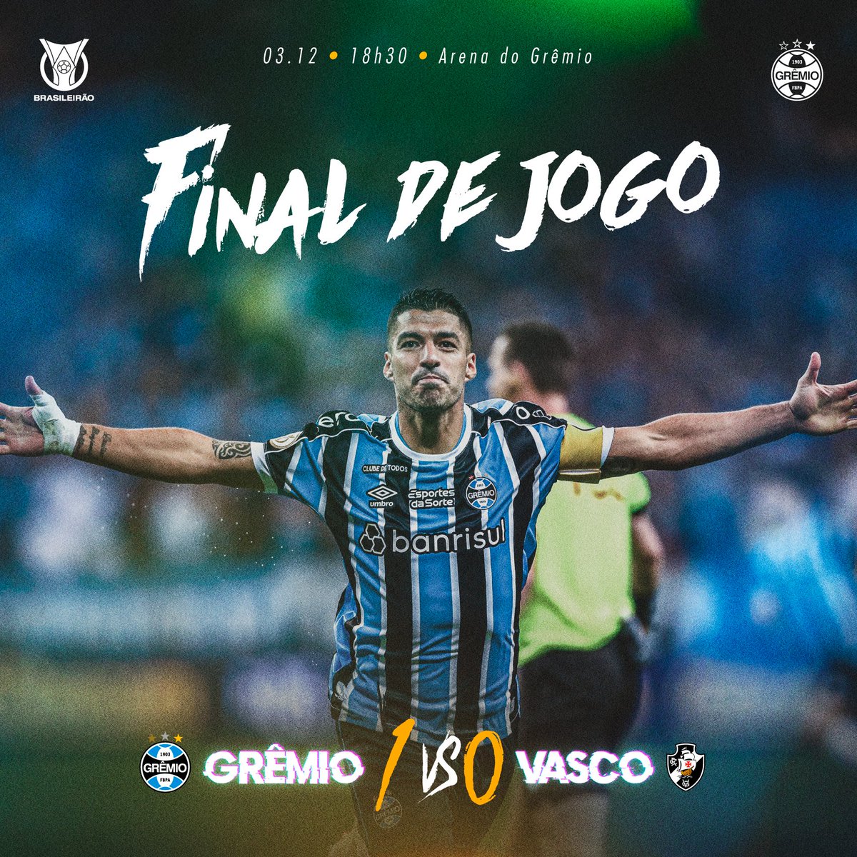 Final: #Grêmio 1x0 Vasco
Uma noite maravilhosa, histórica! Um dos maiores jogadores da nossa era vestiu nossas cores e se despede da nossa casa. O roteiro não poderia ser diferente, gol do Suárez e o descontrole de mais de 50 mil Tricolores.   💪🏽⚽️🇪🇪 #GRExVAS #Brasileirão2023