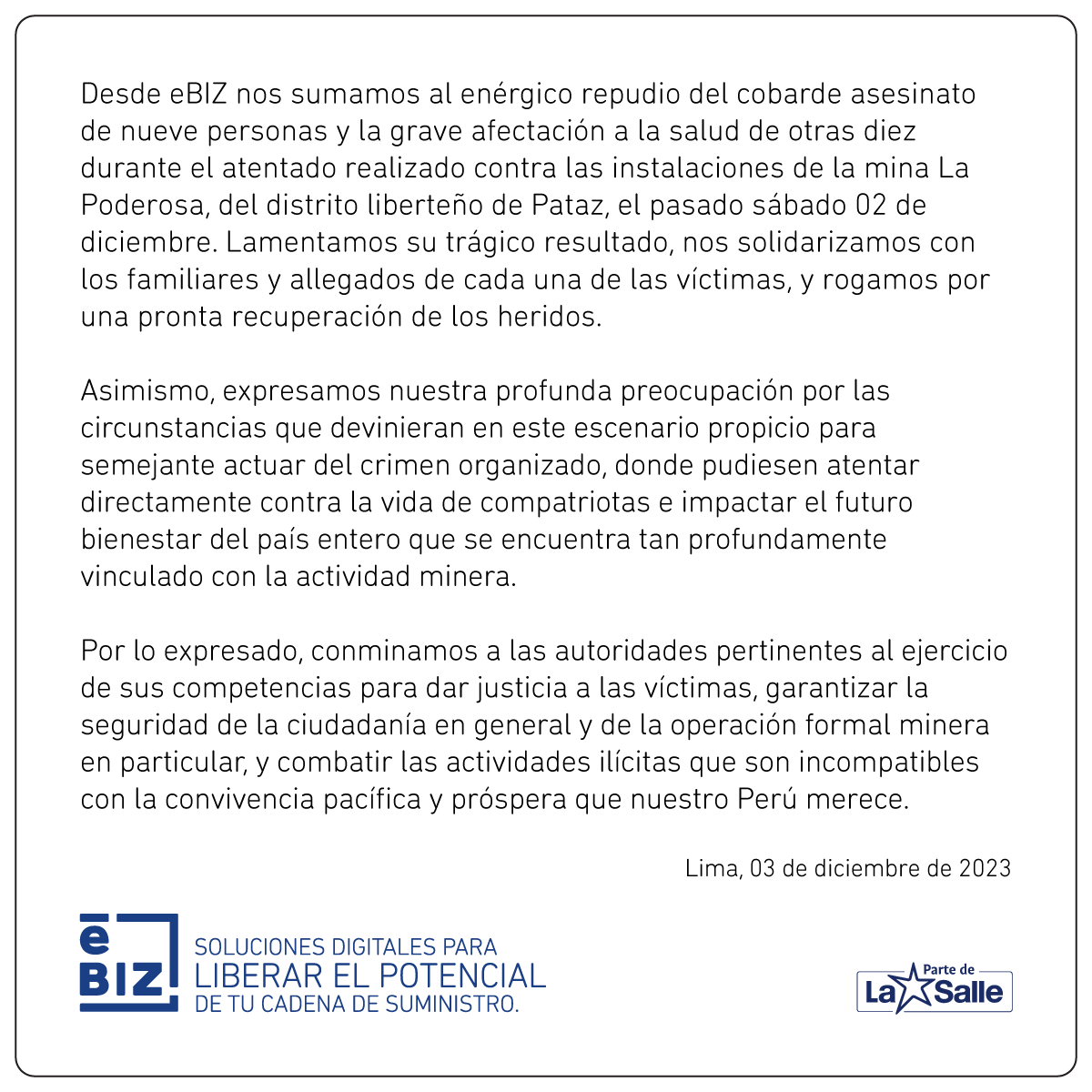 ebizlatin's tweet image. Comunicado de @ebizlatin de repudio del asesinato y afectación a la salud de compatriotas durante el #atentado contra las instalaciones de mina #LaPoderosa, la preocupación que nos despierta y un llamamiento a las autoridades👇@snmpeperu @SNIndustrias @MinemPeru @presidenciaperu