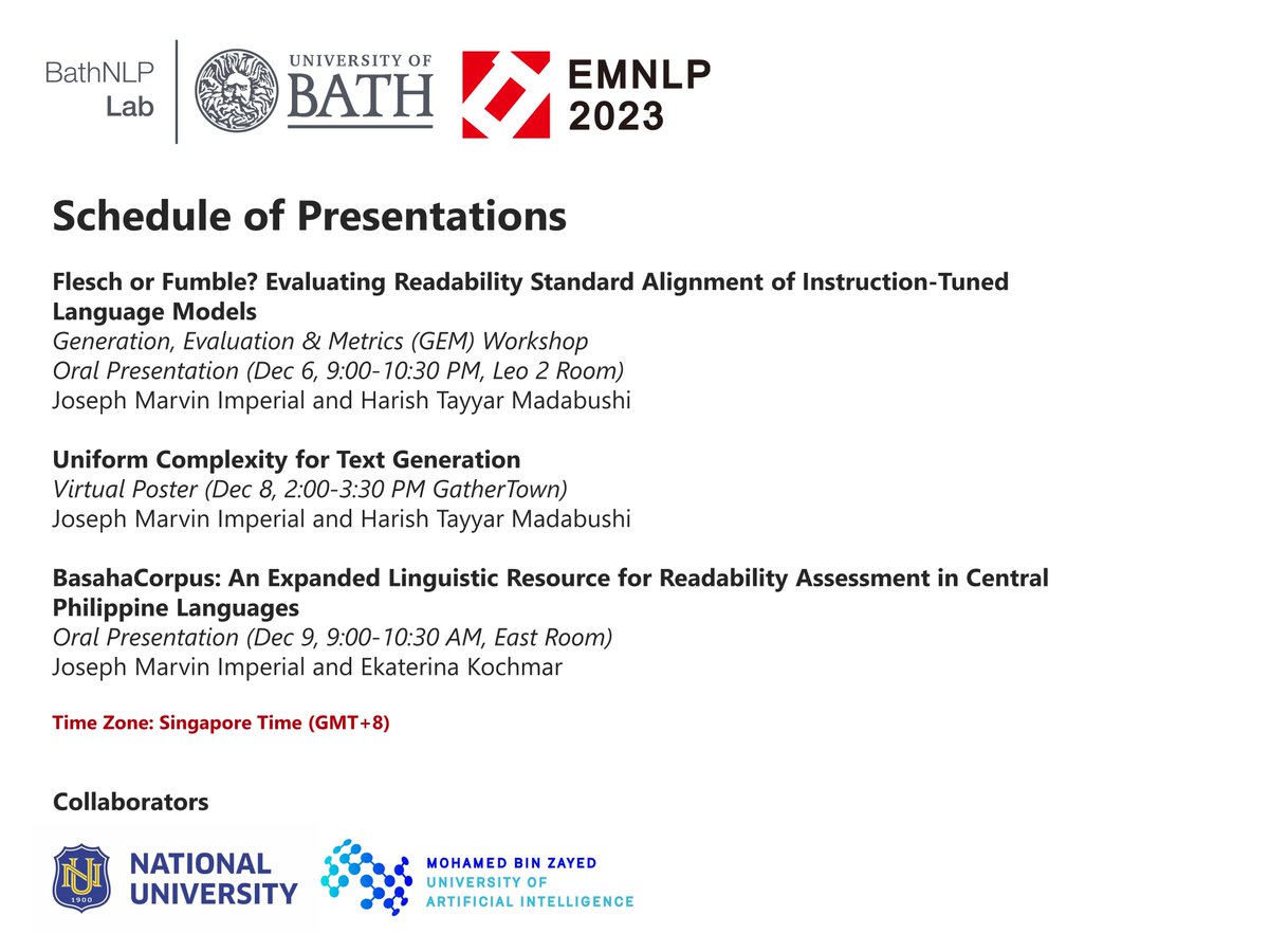 BathNLP (@bathnlp) on Twitter photo We have three papers led that will be presented at #EMNLP2023 and #GEMWorkshop centered around readability assessment and language model evaluation ✍️📢
Work done by <a href="/josephimperial_/">Joseph Imperial</a> and <a href="/harish/">Harish Tayyar Madabushi</a>
See you in Singapore! 🌃🇸🇬 We have three papers led that will be presented at #EMNLP2023 and #GEMWorkshop centered around readability assessment and language model evaluation ✍️📢
Work done by <a href="/josephimperial_/">Joseph Imperial</a> and <a href="/harish/">Harish Tayyar Madabushi</a>
See you in Singapore! 🌃🇸🇬