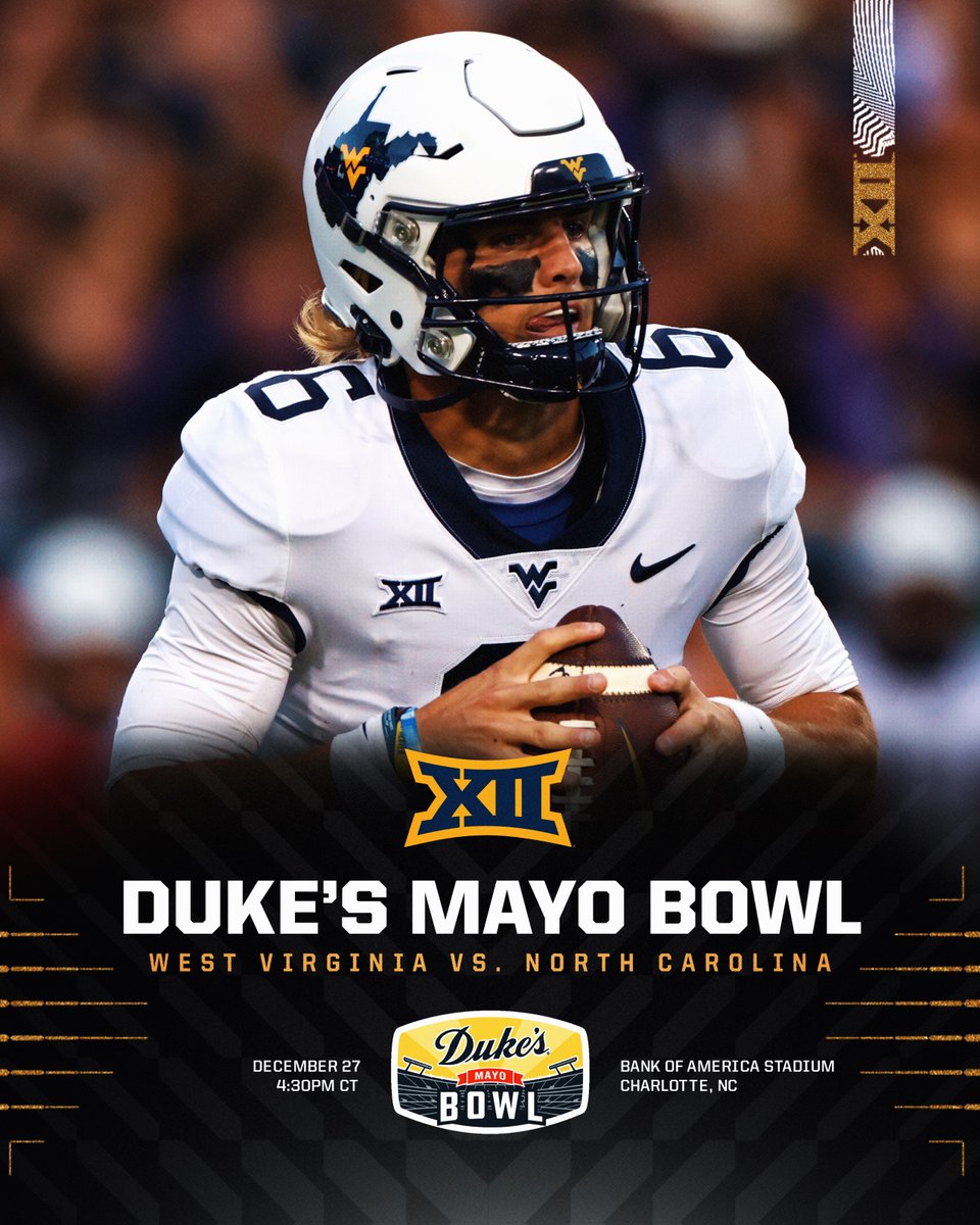 #Big12FB Bowl Selection Sunday 🎳 @WVUfootball 🆚 @UNCFootball 🏈 @DukesMayoBowl 🗓️ December 27 📍 Charlotte, NC