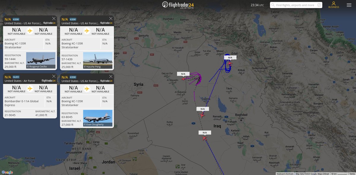 TheIntelFrog's tweet photo. Visible US Military aircraft in the region a few hours later still.
E-11A Battlefield Airborne Communications Node #AE7466 near the Syria/Iraq border.
KC-135 Stratotankers #AE0361, #AE0359 and #AE0154 are transiting to, orbiting in, or transiting from the north of Iraq. https://t.co/zFClpdX92n