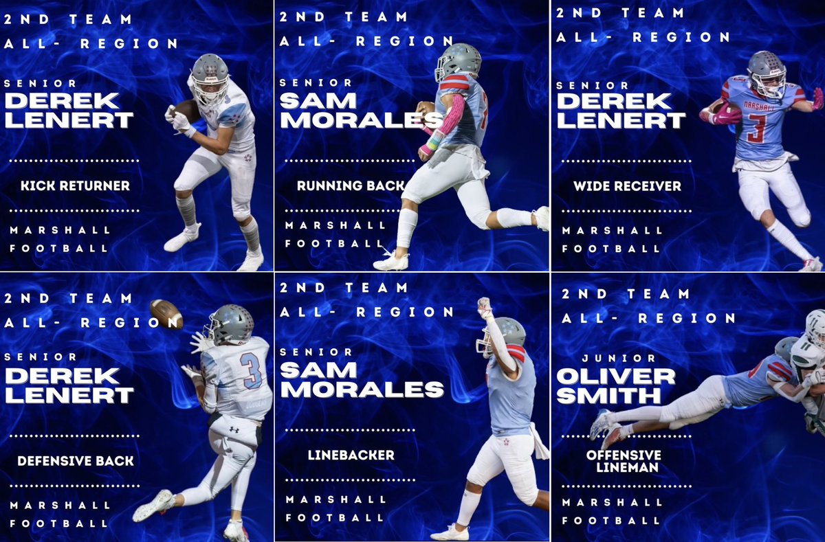 Congratulations to all our football players being named to All-Region!!

2nd Team All-Region
————————————
Derek Lenert:  Wide Receiver, Defensive Back &amp; Kick-Returner.

Sam Morales:  Running Back &amp; Linebacker.

Oliver Smith:  Offense Lineman

🏈🏈🏈
@gcmhsfootball 
#marshallpride