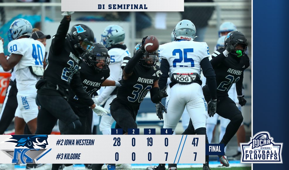 #FlyTheFlag

No. 2 Iowa Western defeated No. 3 Kilgore 47-7 in the 2023 #NJCAAFootball DI Playoff semifinal! 

The Reivers advance to Little Rock to face No. 4 East Mississippi in the  national title game on December 13.