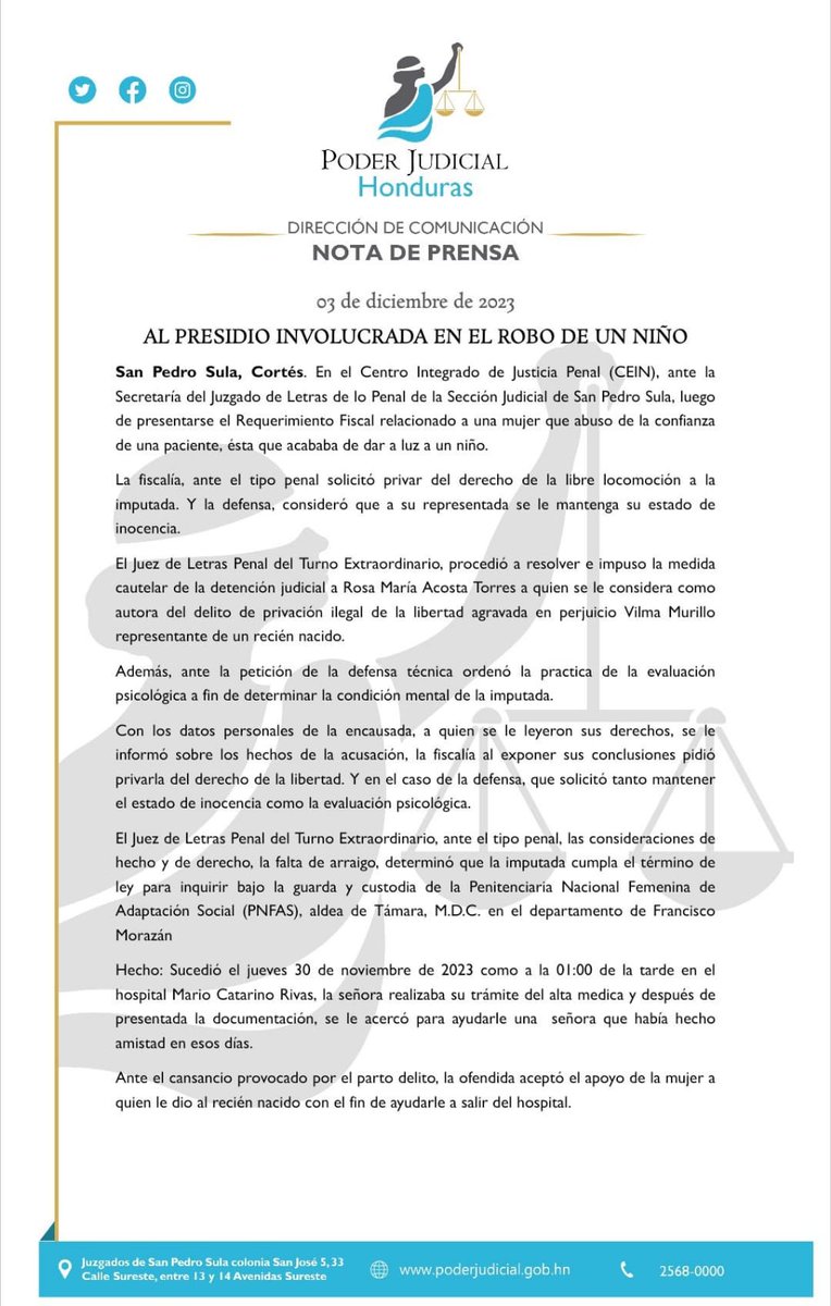 PJdeHonduras's tweet photo. En el #CIJP ante la Secretaría del JuzgadoPenal de Sección Judicial de #SPS se le aplicó la medida cautelar de la Detención Judicial a Rosa Acosta supuesta autora del delito de Privación Ilegal de la Libertad Agravada en perjuicio Vilma Murillo representante de un Recién Nacido. https://t.co/bJ1qdKQ2gw