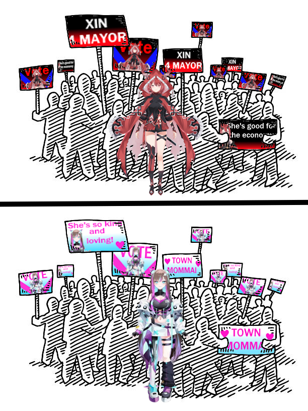 CKDuclyn's tweet photo. Edwards vs Jacob was so 2012. Now we have @XinAsuraPF  vs @AishiiAiPF, who will win. Mayor or MommAI. #Xinmeme #AiCaramba Who are you voting for? https://t.co/BgI49a5F79