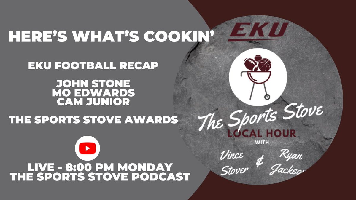 HUGE SHOW MONDAY 🏈 @EKUFootball season recap 🦏 @RhinoJack9956 @JohnnyboyStone @_moedwards @CameronJunior8 🏆 Annual Sports Stove Awards