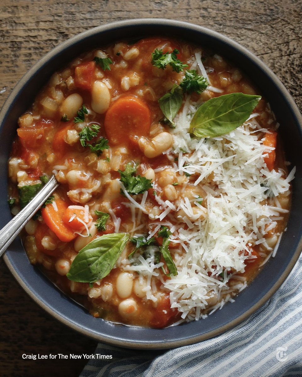 nytimes's tweet photo. Simple yet amazing. This healthy soup, a kind of minestrone with farro, is ubiquitous in Lucca, a city in Tuscany. https://t.co/FOGyPNsmMh https://t.co/d2LyJa8eeZ