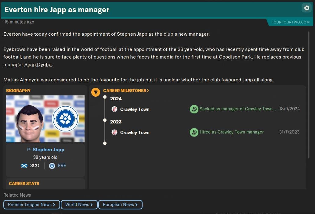 EUCFM's tweet photo. from @crawleytown to @Everton ..........after being sacked!!!! #Fm24 #FMO24 #FMOnline @FootballManager https://t.co/WfzJyWiDfG