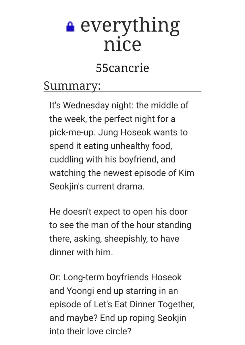 soperecs's tweet photo. ★ everything nice by 55cancrie
10,093 | rating: t | chapters: 1/1

— https://t.co/dj0ab0cDrz

tags: actor sj, uni student hsk, producer yg, modern setting, fluff, domestic, cooking, chance meetings, dancing, variety shows, sj centric https://t.co/duRp7oz2qG