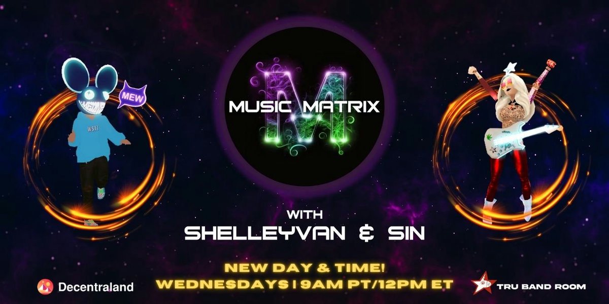 teenybod's tweet photo. 🎶#MUSICMATRIX HAS A NEW DAY & TIME!🎶
Join @SinfulMeatStick and me as we take a dive into the life of a #web3 musician each week!
Wednesdays at 9am PT/noon ET/5pm UTC
Streaming in Spaces, #Decentraland, Twitch, Kick, & YouTube.
Want to be our guest or have an artist in mind? Tag them in a comment! We'll be back on Dec 13th.💪🤘