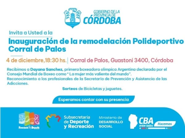 Gran Inauguración de Remodelación del Polideportivo Corral de Palos y recibimiento de Dayana Sánchez, primera boxeadora Olímpica Argentina, declarada como "La Mujer más Valiente del Mundo" por el Concejo Mundial de Boxeo <a href="/WBCBoxing/">World Boxing Council</a> .