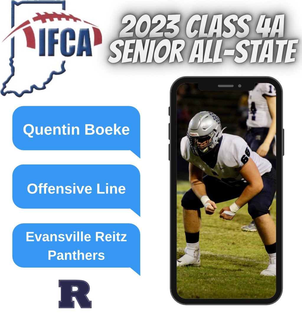 FJReitzFootball's tweet photo. 🏅ALL-STATE🏅

Congrats to Quentin Boeke on being selected to the 2023 IFCA 4A Senior All-State Team as an offensive lineman. 

2-time Team Captain
Transitioned from C to LT 
Relentless Blocking To Whistle
Committed to @SIU_Football 

#ReitzFootball #PantherPride🐾🏈 https://t.co/UQOa0cNcCZ