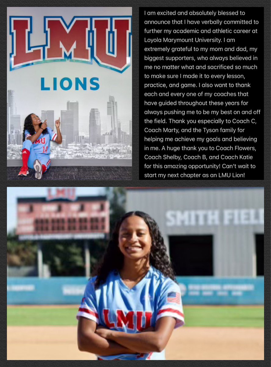 I am so blessed to share that I have verbally committed LMU! Thank you @tairiaflowers @shelbyjeff20 @BIANCAMEJIA and Coach Katie for this amazing opportunity to continue my softball career as a lion! #jointhepride @lmulionsSB @coronaangels16u