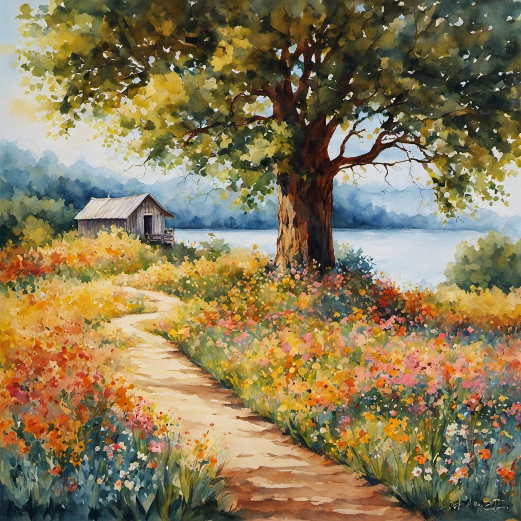 A serene path lined with wildflowers leads to a quaint cabin by the lake, rendered in soft watercolors. A true pastoral retreat. #RusticCharm #WatercolorWhimsy #PastoralPeace