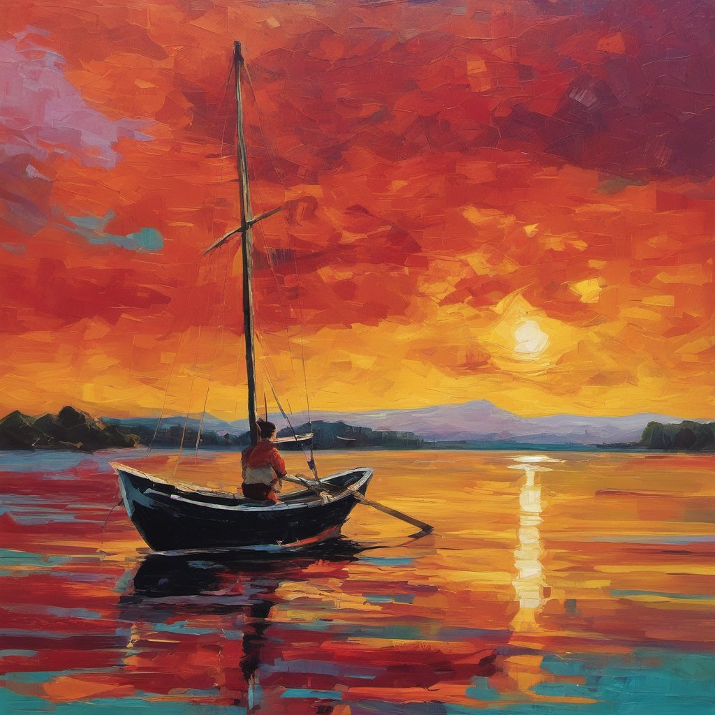 FREE__ARTS's tweet photo. Fiery skies reflected in tranquil waters, this painting is a dynamic blend of peace and passion. A solitary sail, ablaze with sunset. #SunsetSailing #VibrantArt #PaintedSkies https://t.co/Upx2es6zwO